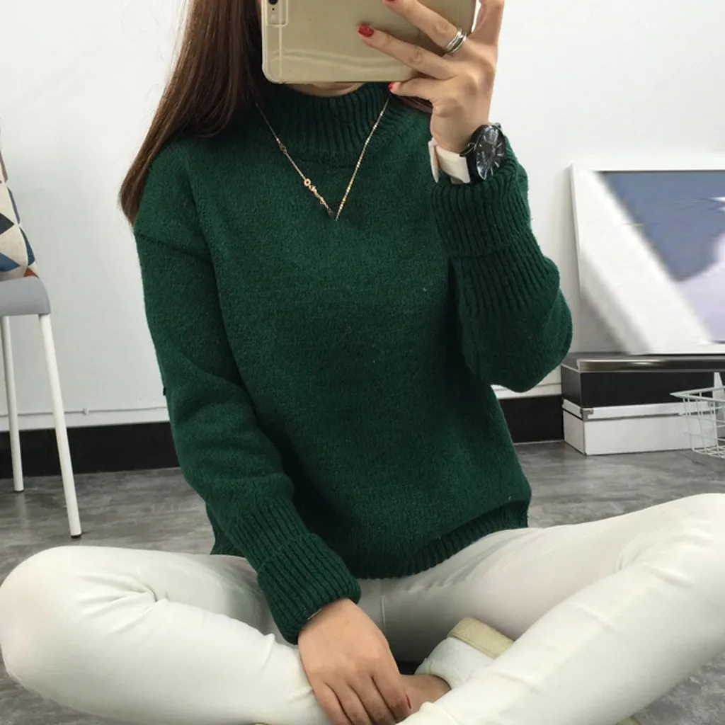 

Lady Solid Chic Sweater Winter Warm Elegant Casual Loose Women Pure Tops Turtleneck Long Sleeve Blouse Female Knit Sweaters