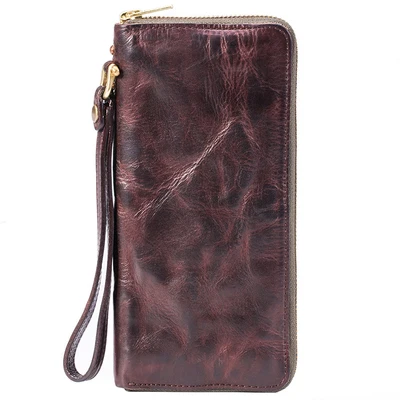 High Quality Vintage Real Cowhide Men Wallet Cash Purse Zipper Modern Stylish Male Long Day Clutches Wristlets Wallet Card Case - Цвет: Coffee