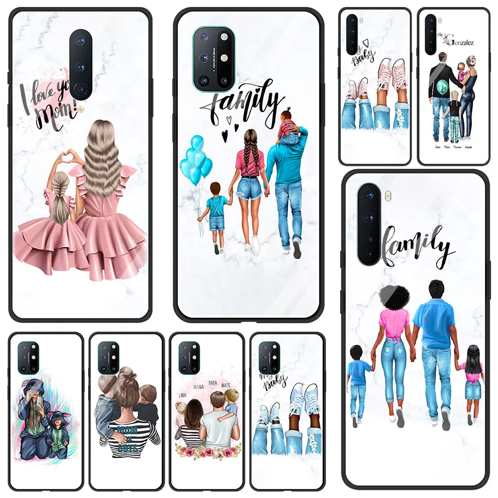 

Soft Edge Cover for Oneplus 9PRO 9R 7 7T Pro 8 8T Pro Nord 5G Luxury Glass Phone Case Shell Baby mother Brown little girl family