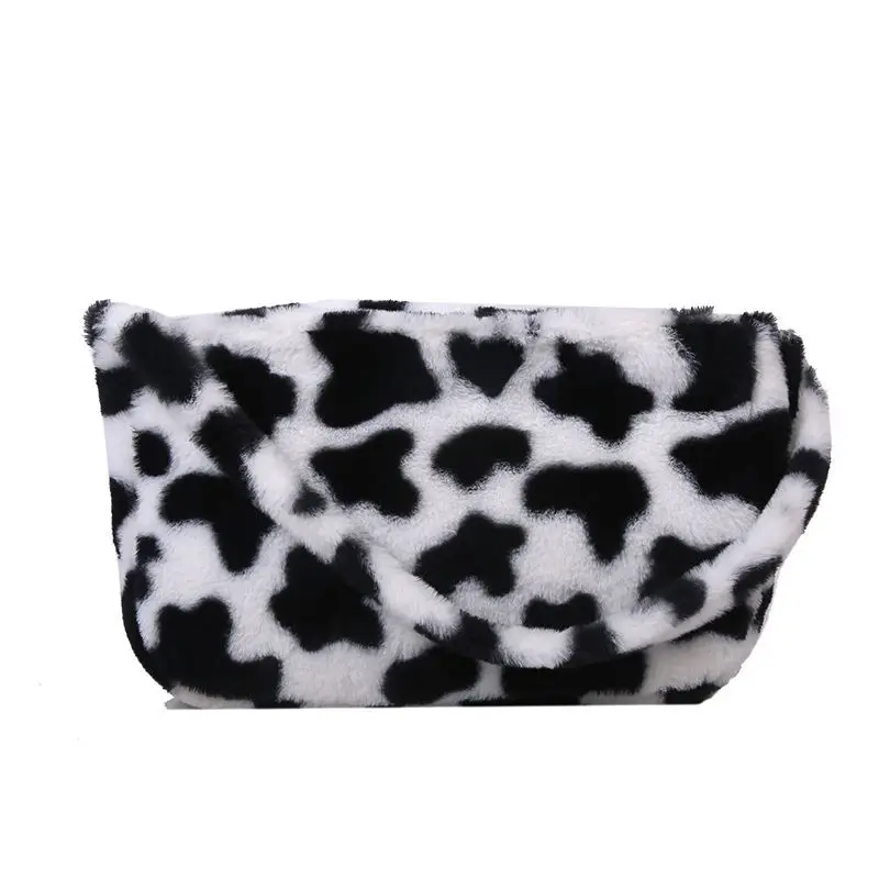

Cute Cow Pattern Women Hobos Crossbody Bag Soft Plush Student Girls Small Shoulder Bags Winter Fashion Ladies Purse Handbags