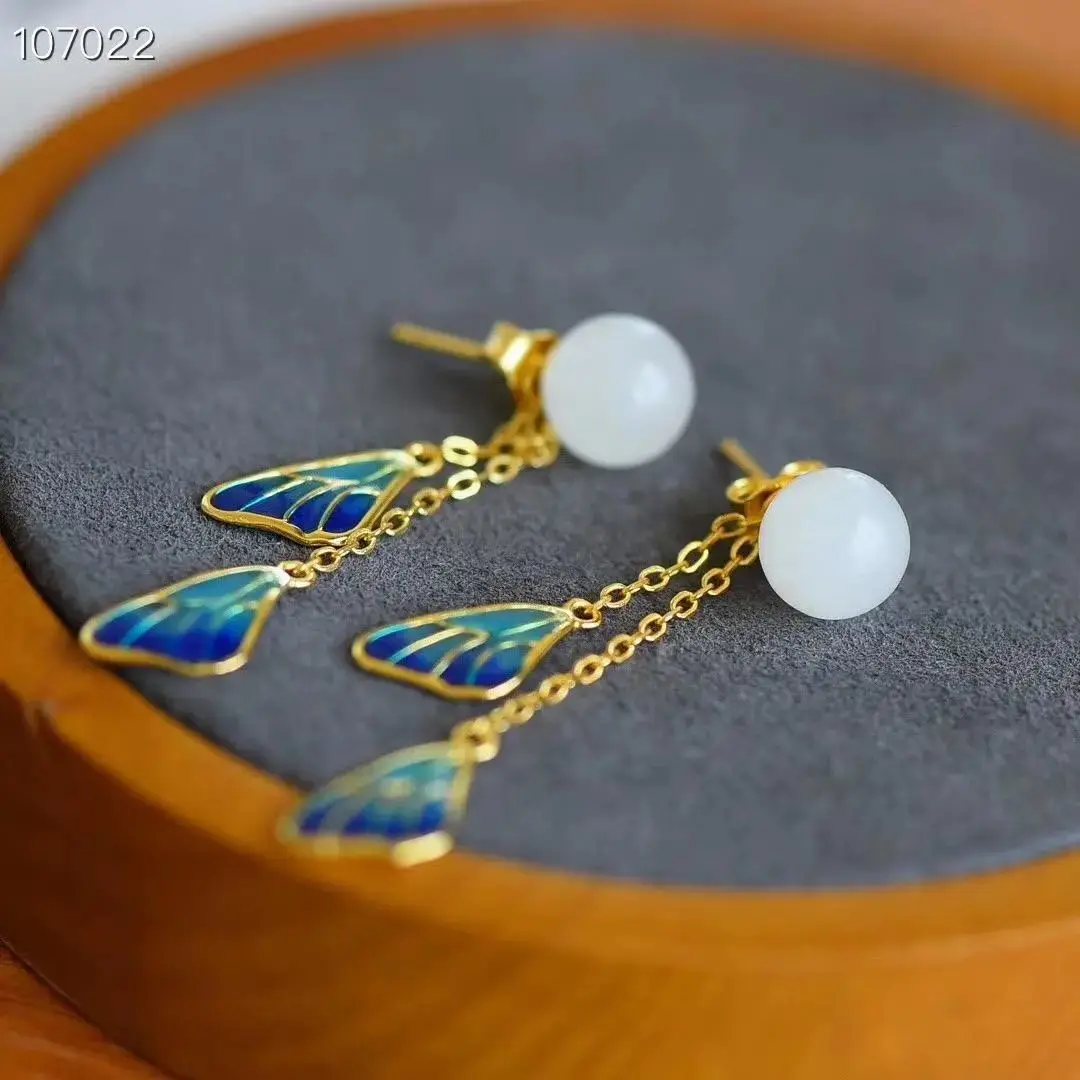 

Natural Hetian Jade Ear Studs Women's White Jade Antique Eardrops Long Fringe Earrings Summer Super Fairy S925 Sterling Silver E