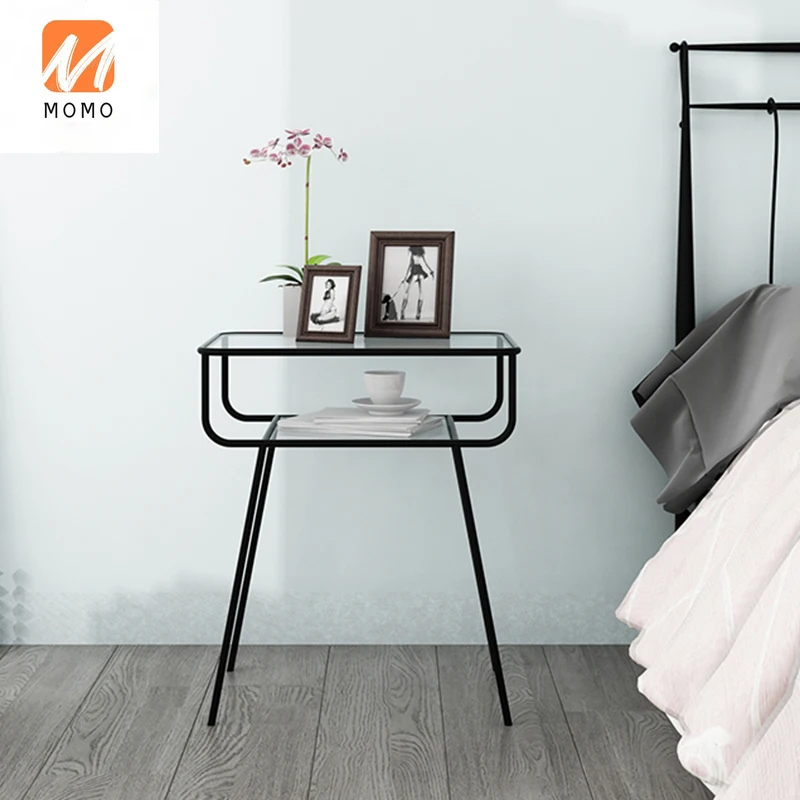 

Nordic Tempered Glass Side Table Double Layer Sofa Side Table Metal Corner Table Bedside Table Bedside Table