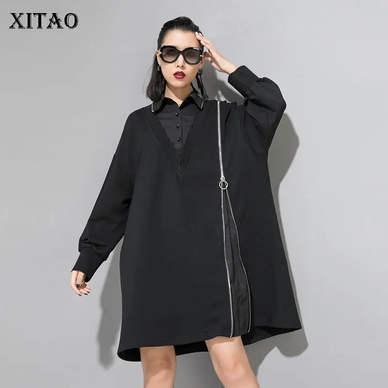 XITAO женский черный длинный свитер элегантный корейский модный отложной воротник