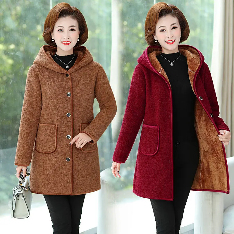 

2020 New Winter Coat Middle-aged and Elderly Women's Jackets Korean Mid-Long Hooded Single-breasted Plush Thick Warm Overcoat