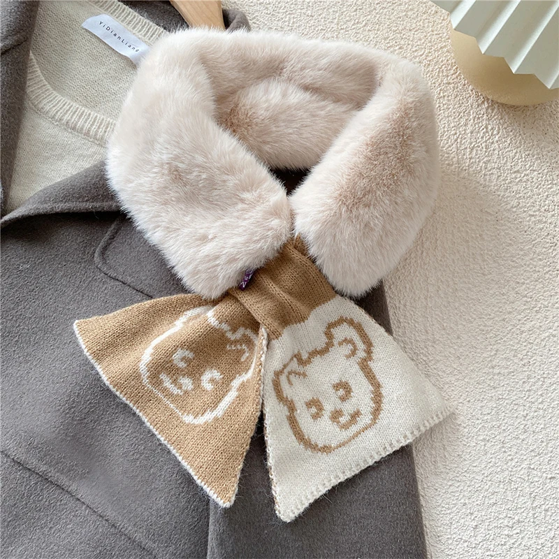 

Autumn Winter Warm Plush Scarf Cross Scarf Cute Cartoon Bear Scarf For Women Japanese Style Versatile Cycling Keep Warm Scarves