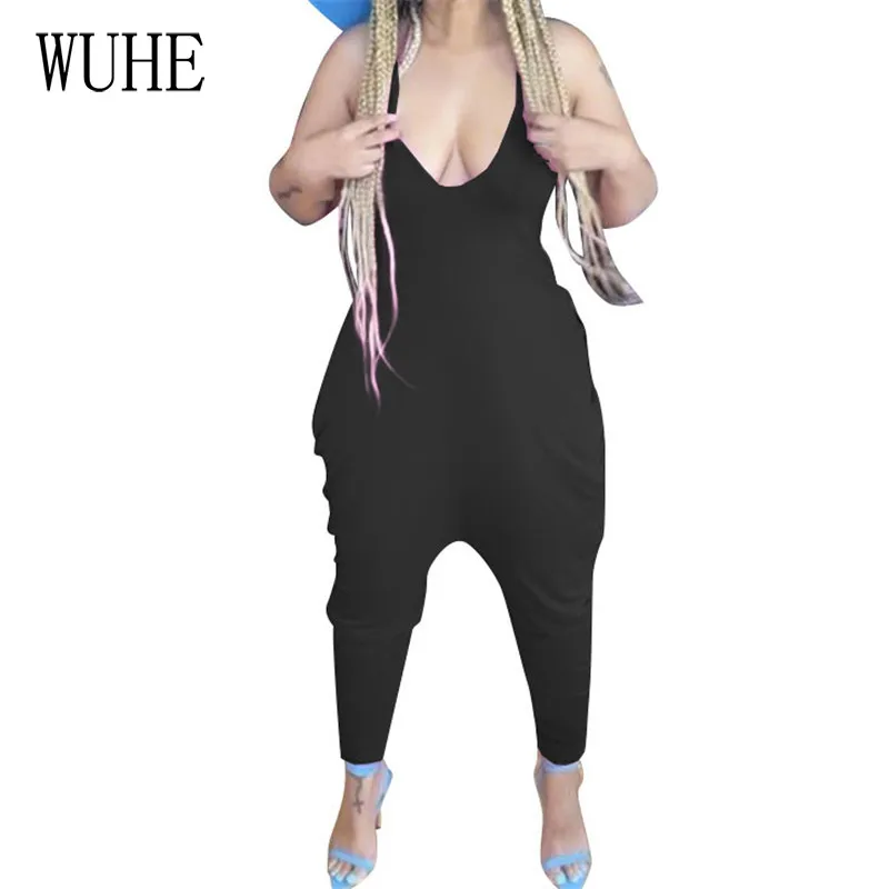 

WUHE Casual Loose Jumpsuits Spaghetti Strap Off Shoulder Sleeveless Hollow Out Sexy Backless Sports Fitness Streetwear Overalls