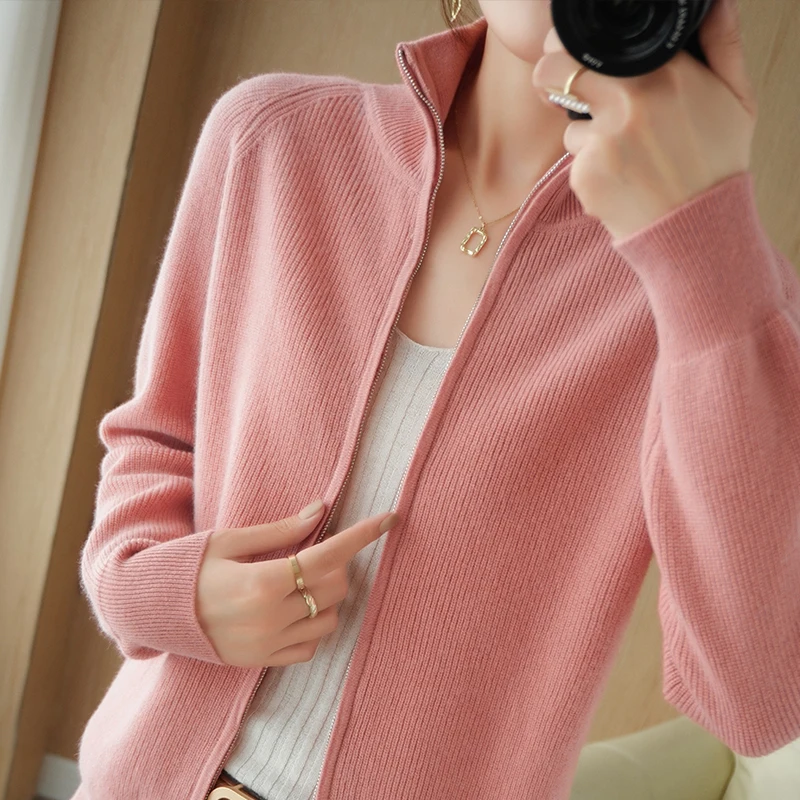 

Autumn Winter Women's Sweaters Half Turtleneck Zipper Long Sleeve Coat Female Cardigan 100% Wool Cnit Top Jacket Jumper Outwear