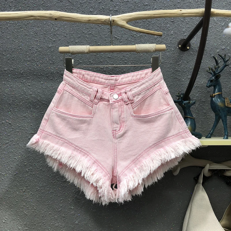 

Женские джинсовые шорты с бахромой Vitality, розовые облегающие шорты трапециевидной формы с завышенной талией и широкими штанинами, лето 2021
