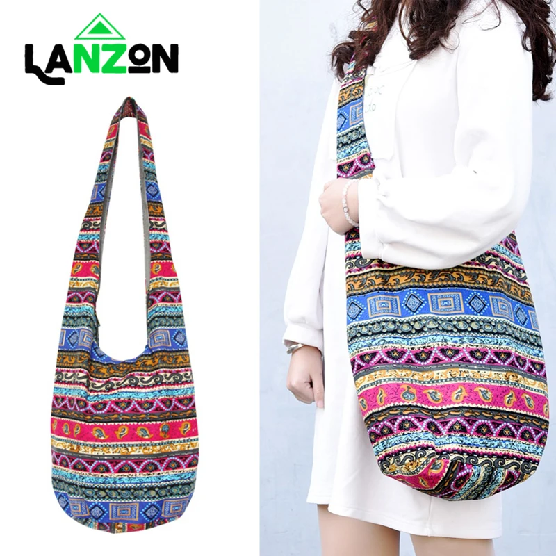 Сумка хобо Lanzon через плечо хлопковая богемная женская сумка мешок ручной работы