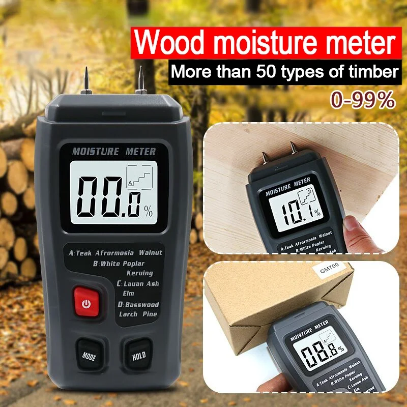

EMT01 Two Pins Digital Wood Moisture Meter 0-99.9% Wood Humidity Tester Timber Damp Detector with Large LCD Display