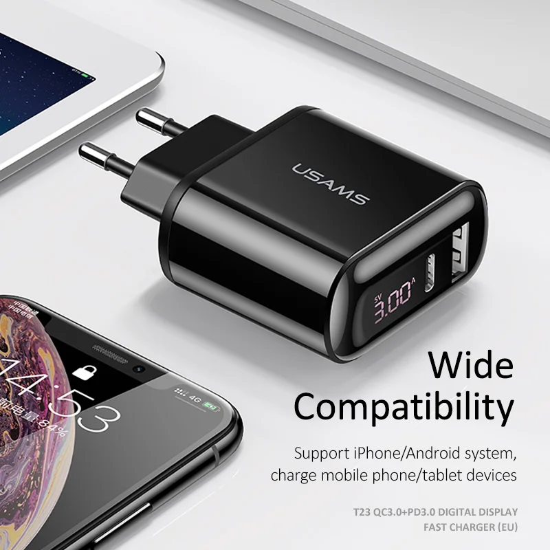 USAMS быстрое зарядное устройство 3 0 USB для iPhone светодиодный дисплей Type-C PD QC Samsung Xiaomi