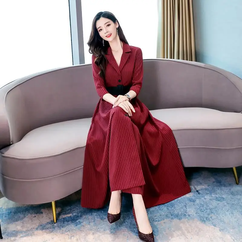 

2020 Autumn New A-line Vestidos Elegant Midi Dress Elegant Office Lady Work Women Casual Striped Notched 3/4 Sleeve Long Dress