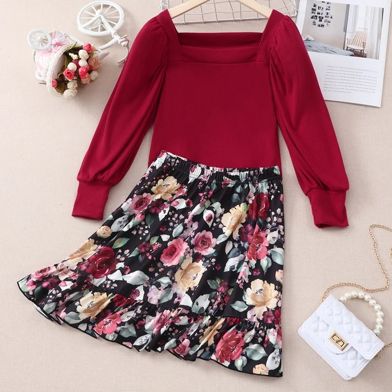 

Girls Outfits Kids Clothes Girls 2 Pcs Sets Solid Long Sleeve Tops+flower Print Skirt Boho Children Clothes Spring Fall 5-10Y