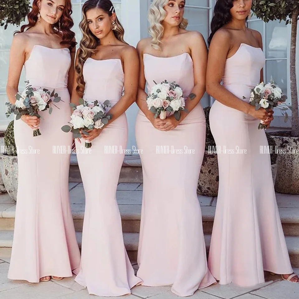 

Strapless Light Pink Bridesmaid Dresses Sheath Maid Of Honor Dress Lace Up Back Long Satin Wedding Party Dresses Vestidos