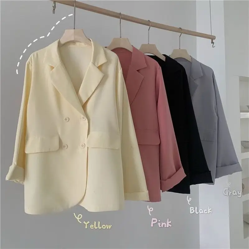 

Blazers Women Vintage Chic Korean Fashion Simple Double Breasted Ladies Outwear All-match Spring Fall Sun-proof Ins Femme Jacket