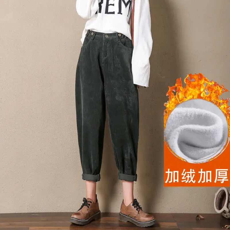 Green plus velvet Винтажные вельветовые брюки женские брюки свободные шаровары с высокой талией осенние зимние повседневные уличные штаны для мамы Pantalon Femme Q1924 - Цвет: Green plus velvet