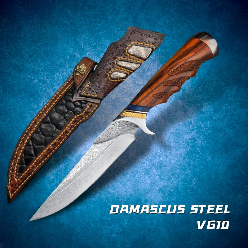 

Damascus steel straight knife outdoor survival knife camping hunting knife manual fixed blade tactical self-defense knife tools