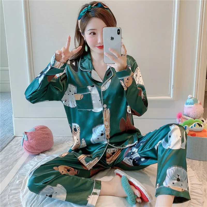 Пижама с длинными рукавами Lazy Style 2020 WAVMIT Шелковый комплект из 2 предметов женская