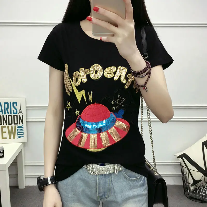 Весенне-летние черно-белые футболки с мультяшной вышивкой Женский Повседневный