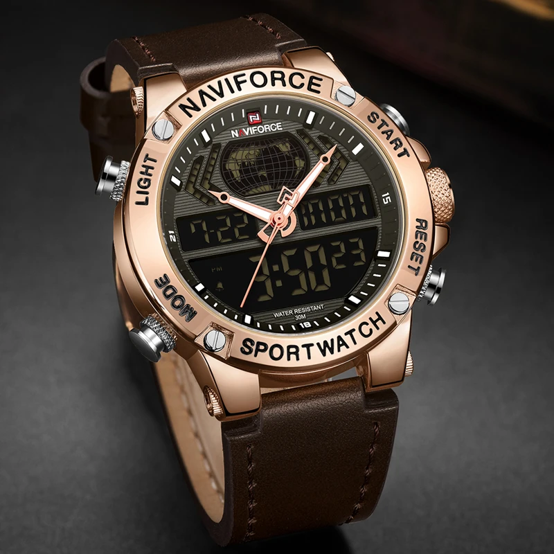 NAVIFORCE модные бизнес Брендовые мужские часы кожаные аналоговые цифровые