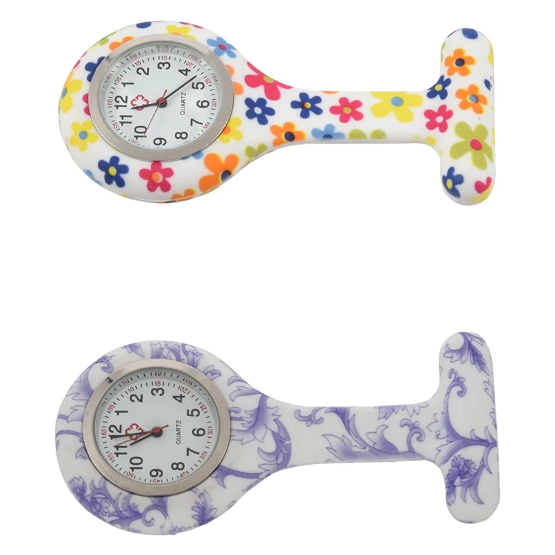 

2 Pcs Silicone Nurses Brooch Tunic Fob Pocket Watch Stainless Dial, Colored Flower & ​Purple Leaves