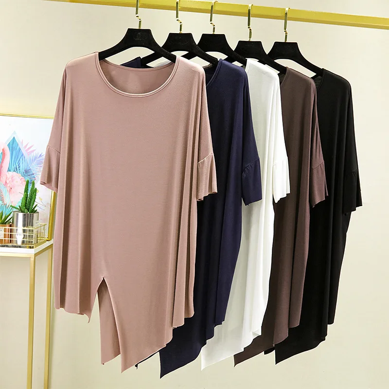 

Modal plus size T-shirt women 2021 summer casual solid color irregular Korean loose round neck sleeves and bottoming shirt top