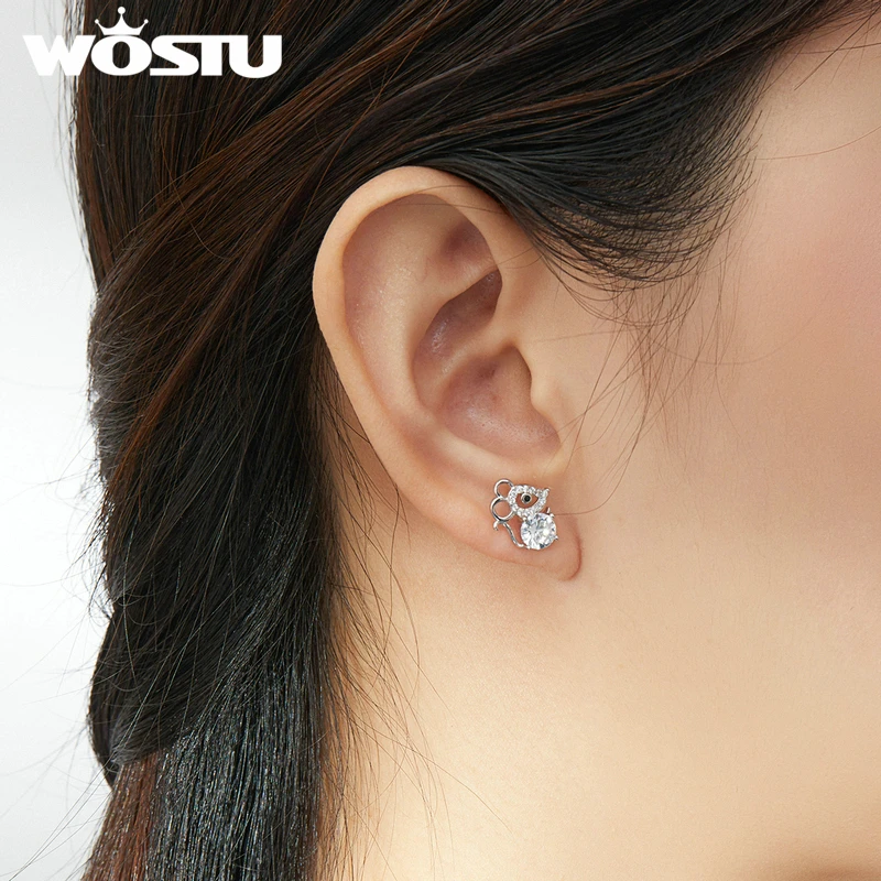 WOSTU Authentic 925 Sterling Silver Lovely Mouse Stud Earrings For Women Clear Zircon Small Fashion Jewelry Gift FIE826 | Украшения и