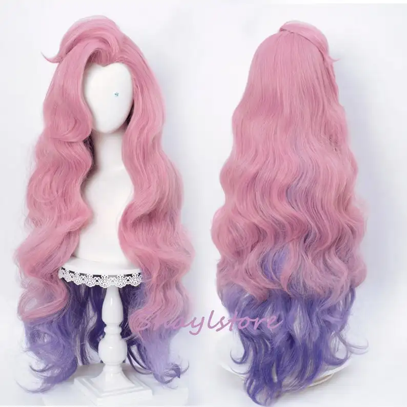 

GAMPORL League of Legends Seraphine Cosplay Wig LOL KDA Fashion Natural Bangs Pink Gradient Purple Big Wavy Long Curly Hair Wigs