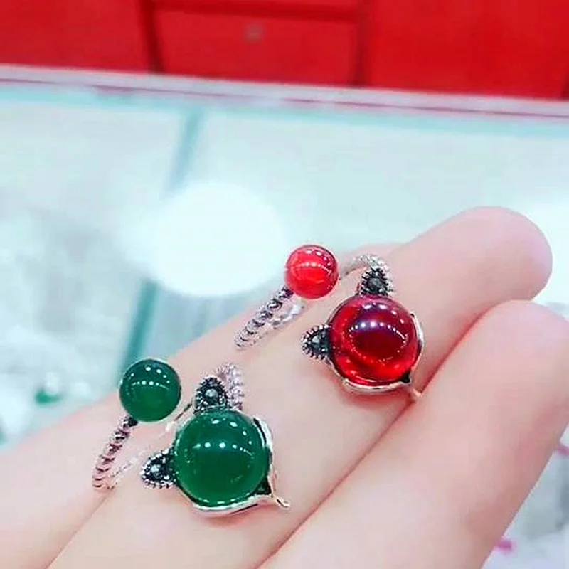 

OMHXZJ Wholesale XR171 European Fashion Woman Girl Birthday Wedding Gift Fox Garnet Chalcedony 100% 925 Sterling Silver Ring 1PC