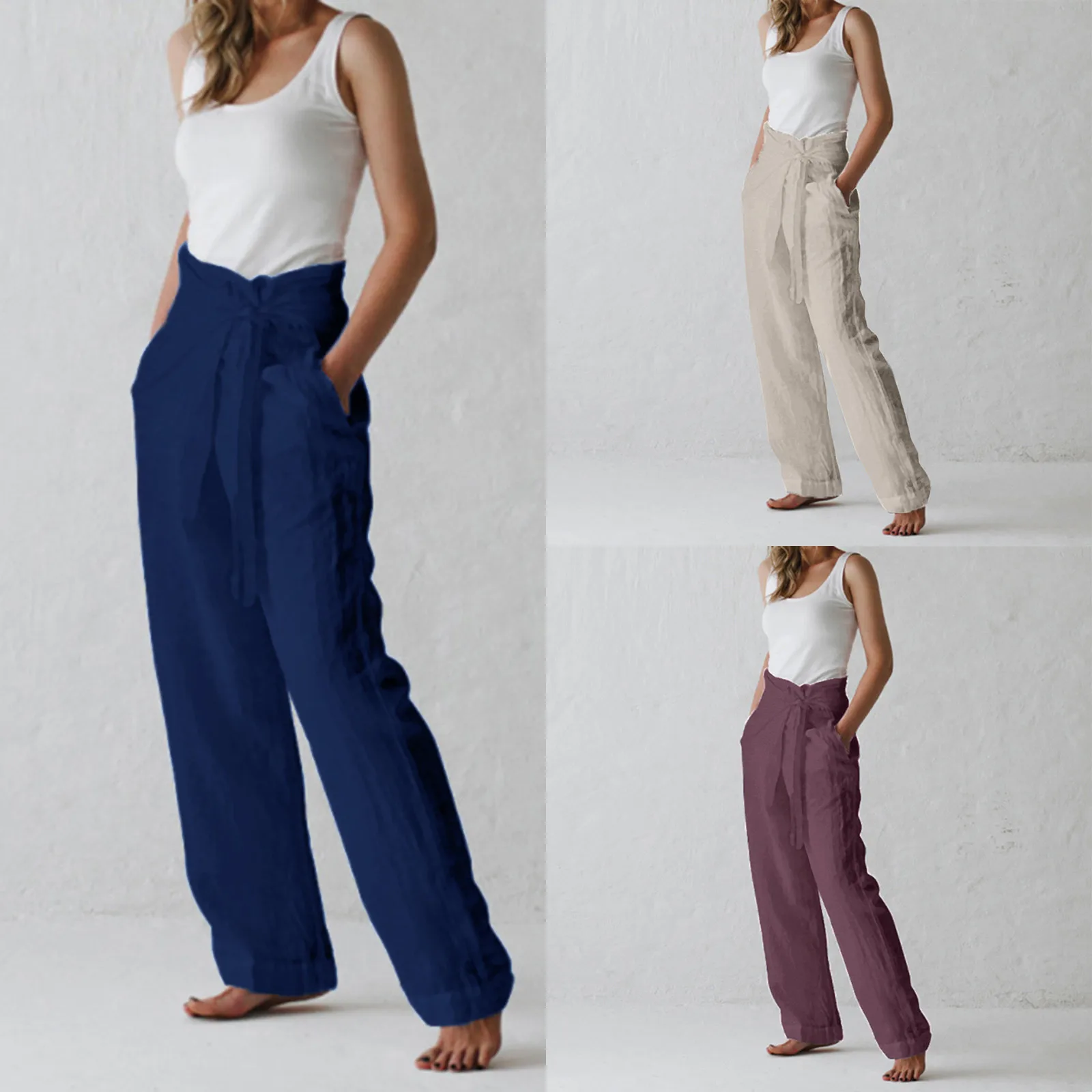 

Женские пикантные модные брюки, однотонные брюки с высокой талией и карманами, повседневные брюки на шнуровке, высококачественные элегантн...