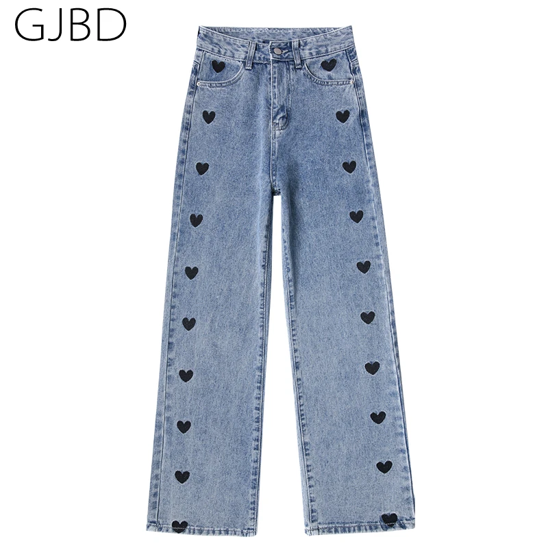 

Women's retro jeans, streetwear, heart-shaped embroidery, high waist, wide legs, trousers, casual loose, denim trousers, spring