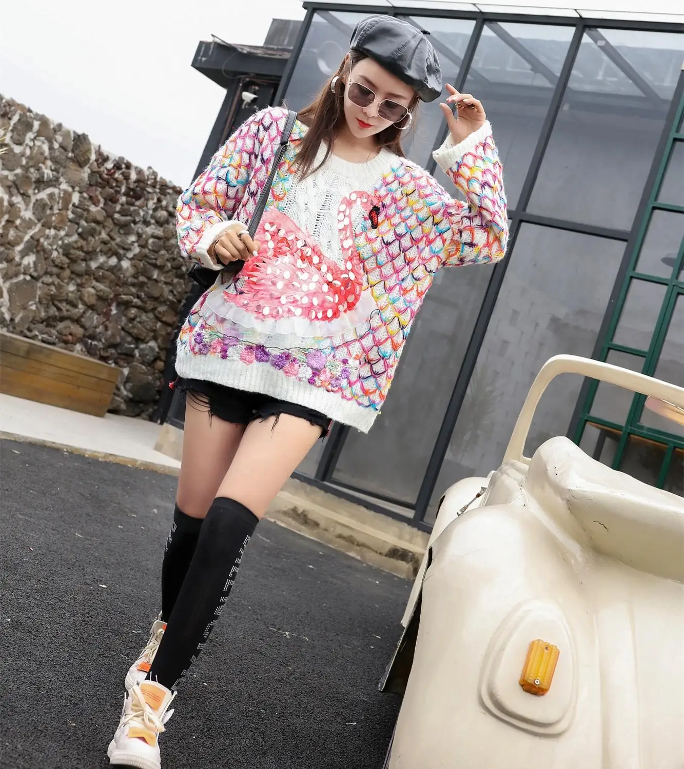 

High Fashion 2020 Autumn New Cartoon Swan Sequined Sweater Loose Rainbow Lazy Chic Sweaters Female Tide Brand