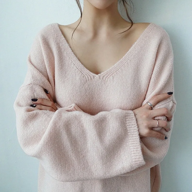 

Mazefeng New 2020Autumn Winter Women's Sweaters V-Neck Long Sleeve Tops Ladies Minimalist Korean Style Knitting Casual Pink