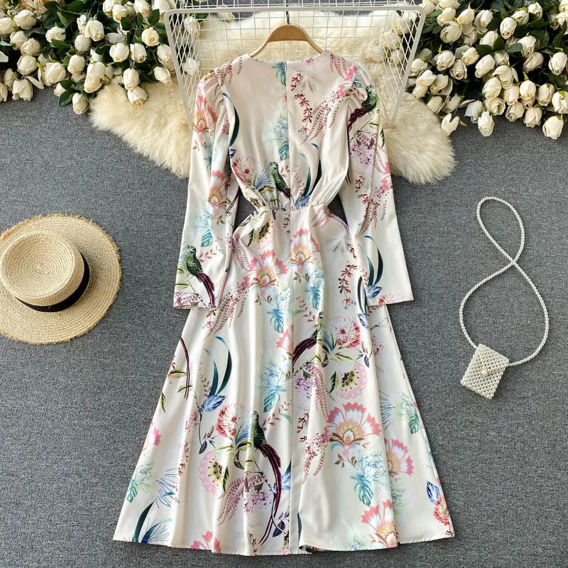 

2021 New Fashion Runway Floral Print Autumn Dresses for Women Elegant Full Sleeve Empire Midi Sweet Party Celebrity Vestidos