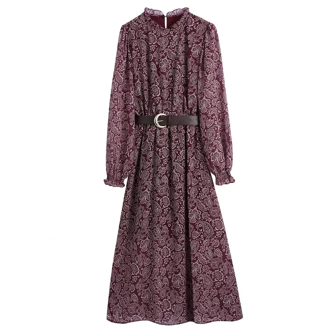 

Pinkou Women Retro Print Maxi Dress Ruffled Collar Long Sleeve Bow Tie Belt Vintage Female Chic Long Dresses Mujer QA683