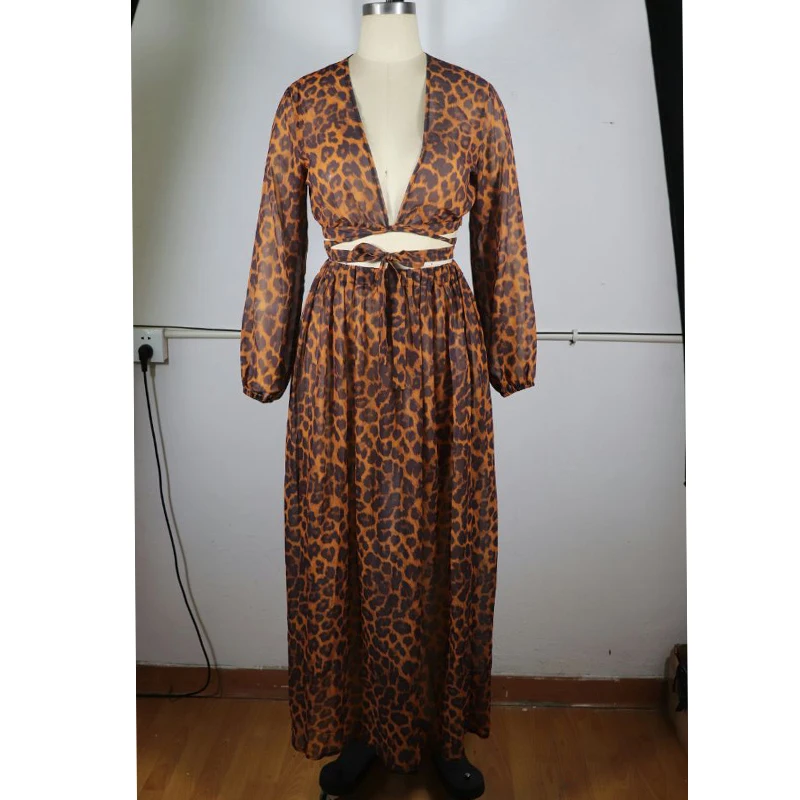 

2 Piece Sets Womens Outfits Sexy V Neck Long Sleeve Lace-up Top Elegant Leopard Elegant Maxi Skirt Suits Bandage Dresses