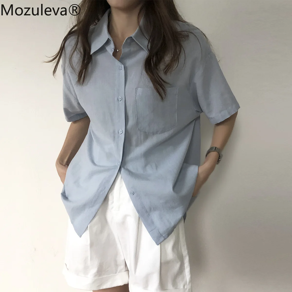

Mozuleva Women Loose Long Shirts 2021 Summer Turn-down Collar Office Ladies 100% Cotton Short Sleeve Blouse Female Tops Blusas
