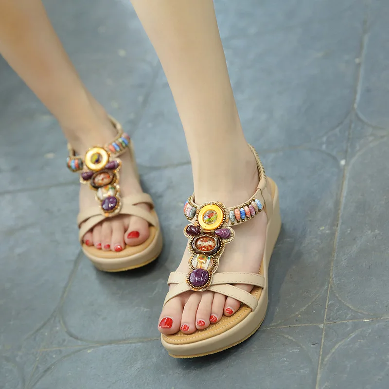 

Summer 2021 ethnic style sandals female bohemian beach slope with retro beaded female sandals Hollow women's shoes