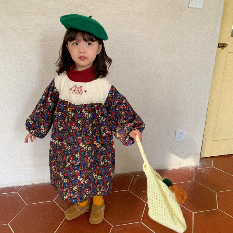 

Girls Winter Clothes 2020 New Casual Children's Clothing Girls Dress Floral High Neck Long Sleeve Thick Kids Princess Dress