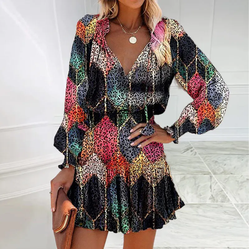 

2021 Spring And Autumn Women Vintage Colorful Floral Print Dress Elegant Female Casual V Neck Long Sleeve Drawstring Mini Dress