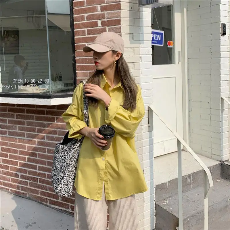 

Woman Blouses Shirts New Single Breasted Loose Fahsion Fit Solid Color Long Sleeve Lapel Shirt Female Womens Tops And Blouses