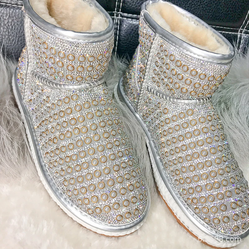 Стразы женские теплые ботинки с блестящими кристаллами зимние женская обувь из