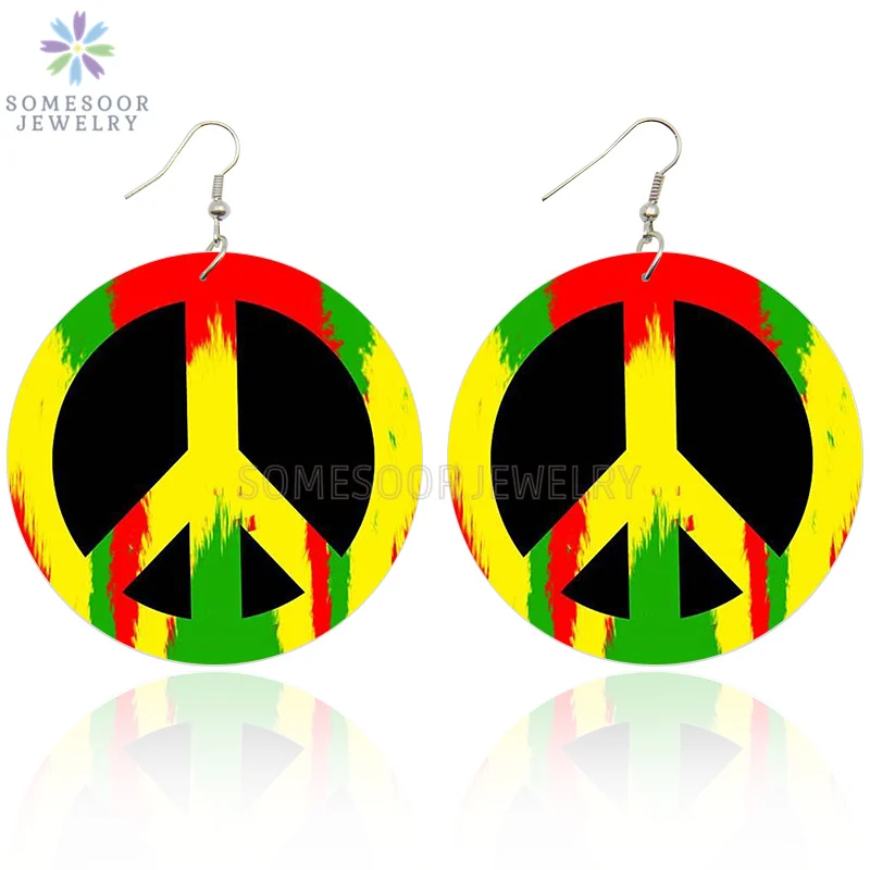 

SOMESOOR African Colors Peace Symbol Wooden Drop Earrings Handmade Photos Printed Wood Dangle Jewelry For Women Gifts