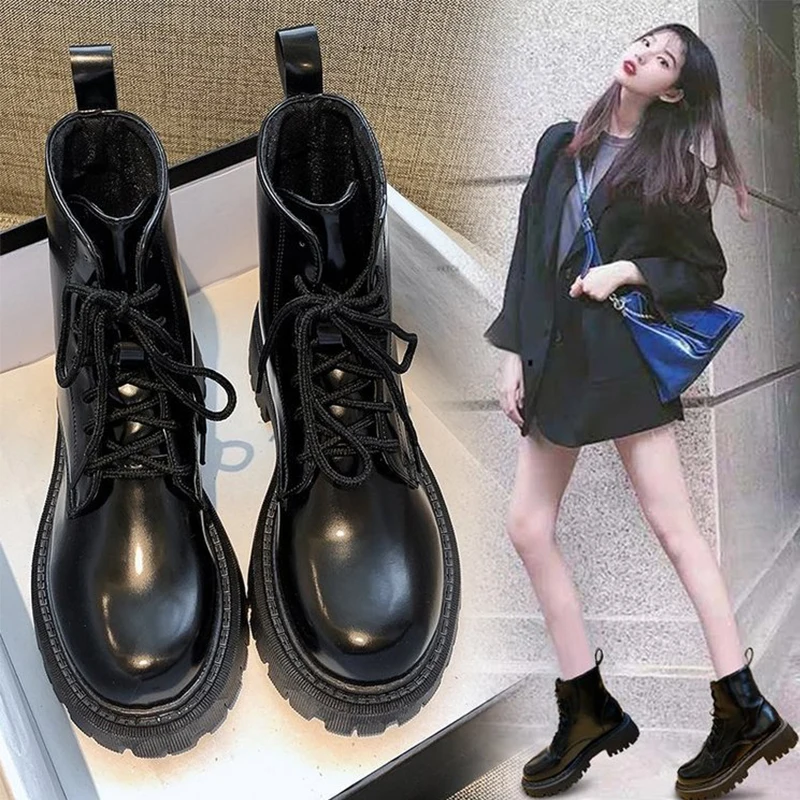 

Women Ankle Boots Fashion Round Head Stretch Black Comfortable Lace-Up Short Boot All-Match Platform Flat Heel Shoes for Woman