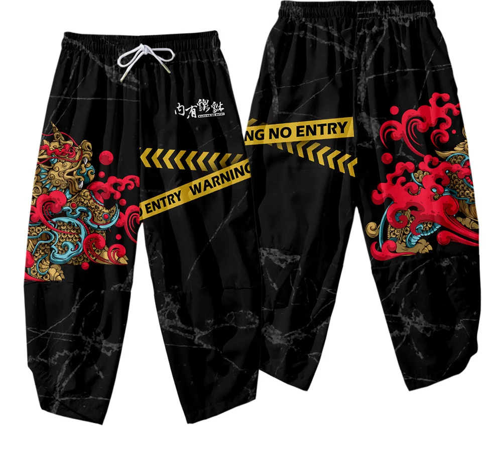 Летние повседневные штаны в национальном стиле хип-хоп с желто-зеленым пламенем