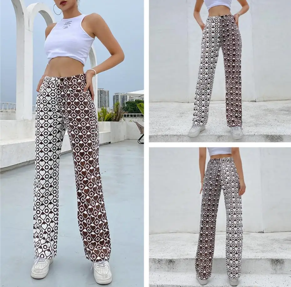 

Women Fashion Straight-leg Pants with Pockets Brown Heart and Plaid Printed Pattern High Waist Trousers
