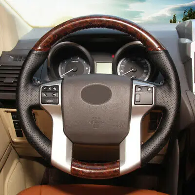 

Black + Wood Color Leather Steering Wheel Cover For Toyota 4Runner 2010-2019