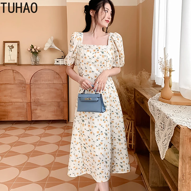 

TUHAO Dress Women Floral Sweet Folds High Slit Sexy Short Lantern Sleeve Stylish Female Sundress Cute Girl Korean Style Dresses