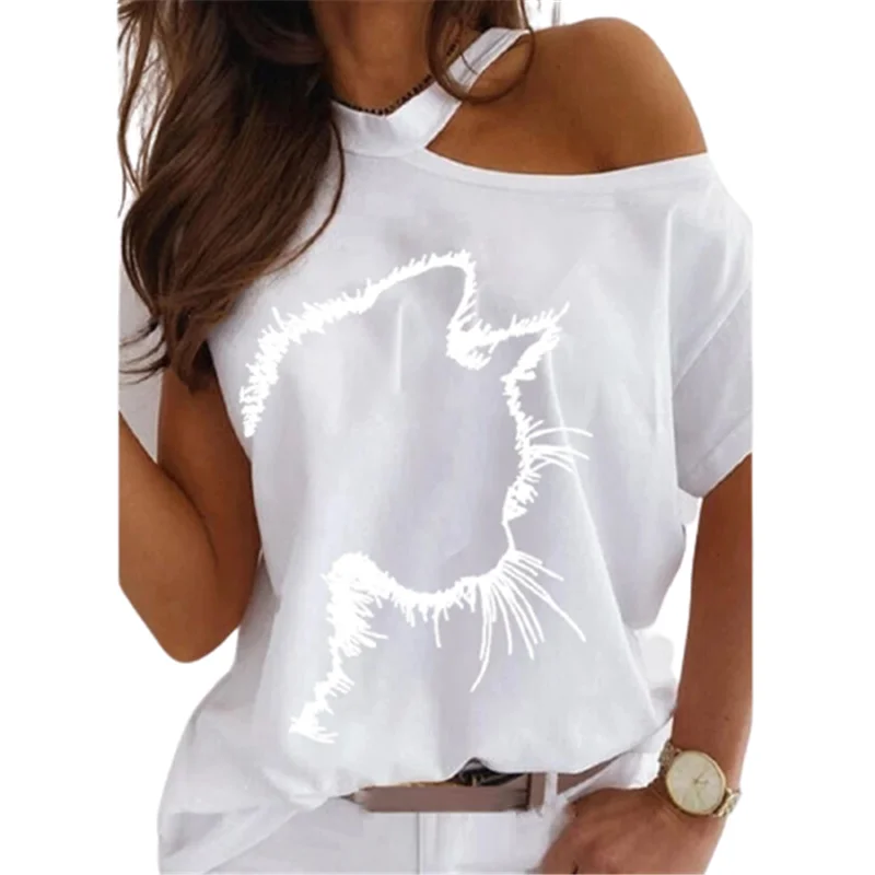 

Large Size Cat Print Round Neck Cotton T-shirt Women Tops Summer Short-Sleeve Ladies Casual Loose Tee Street Female Clothing 5XL