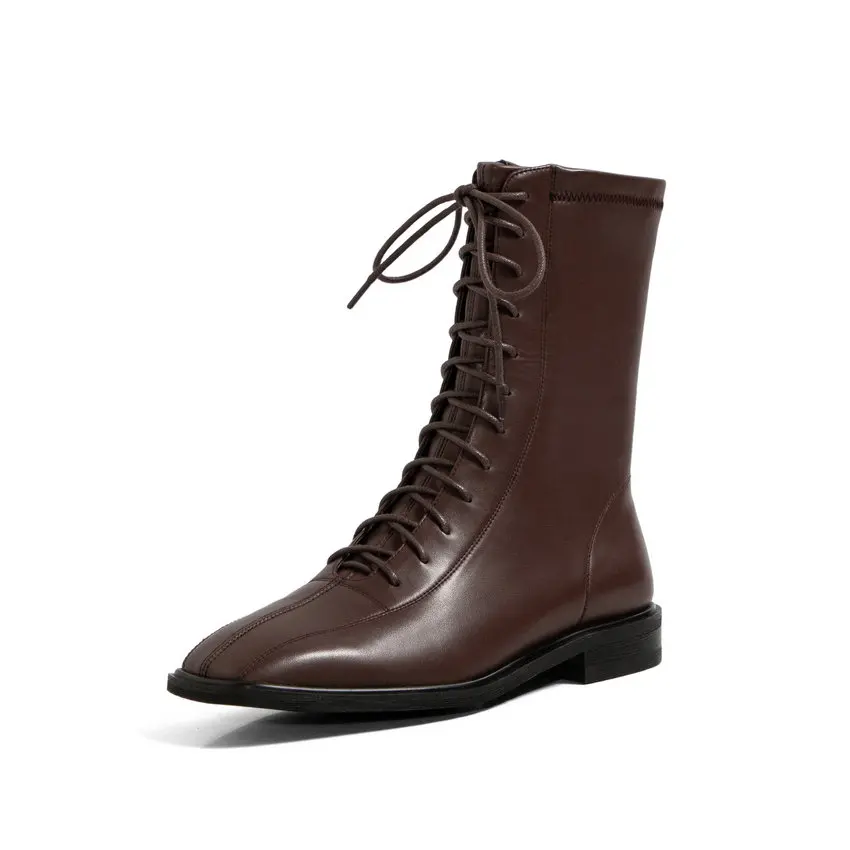 ESVEVA 2021 Lace Up Square Heel Leather+PU All Match Ankle Boots Platform Women Toe Shoes Size 34-39 | Обувь